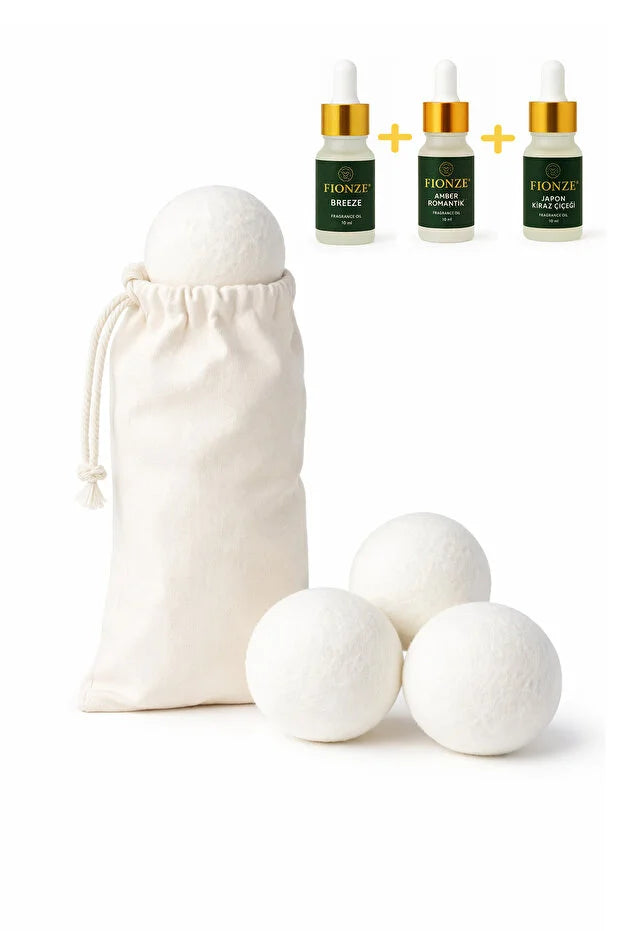 Çamaşır Yün Kurutma Topu ve Koku Seti 3 Adet Top (XXL) + 3 Adet Esansiyel Uçucu Yağ