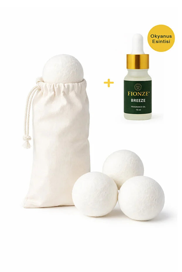 fionze 3'lü XXL Çamaşır Kurutma Topu & Breeze 10 ml Esansiyel Uçucu Yağ