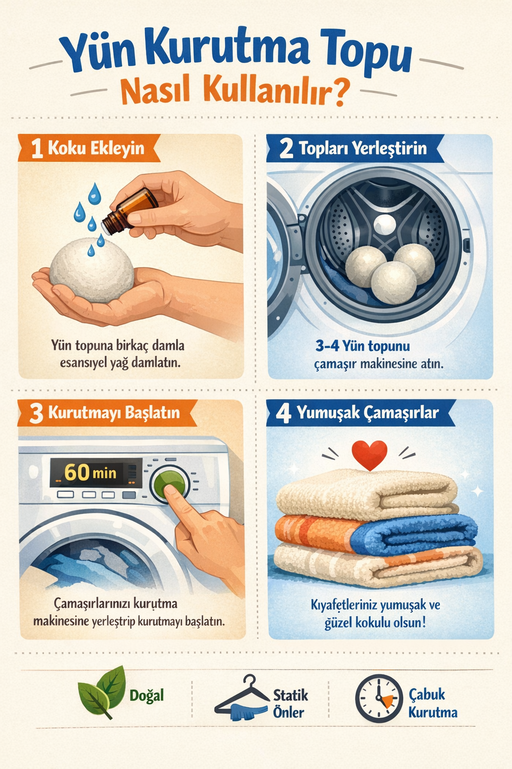 Çamaşır Yün Kurutma Topu ve Koku Seti 3 Adet Top (XXL) + 3 Adet Esansiyel Uçucu Yağ