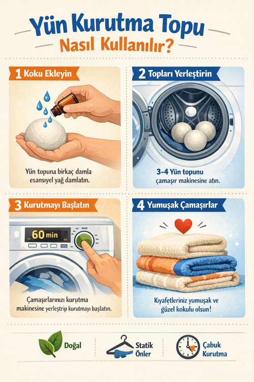 Çamaşır Yün Kurutma Topu ve Koku Seti 3 Adet Top (XXL) + 3 Adet Esansiyel Uçucu Yağ