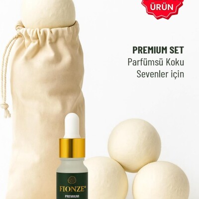 Fionze Premium Kurutma Topu ve Esans Seti | 3’lü Doğal Yün Top + 10 ml Premium Koku Yağı + Kese